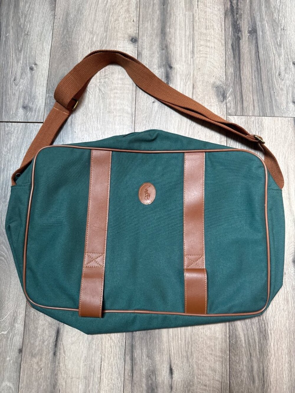 Ralph Lauren 1990's Green Canvas Messenger Bag Brown Leather Trim Adjustable Str